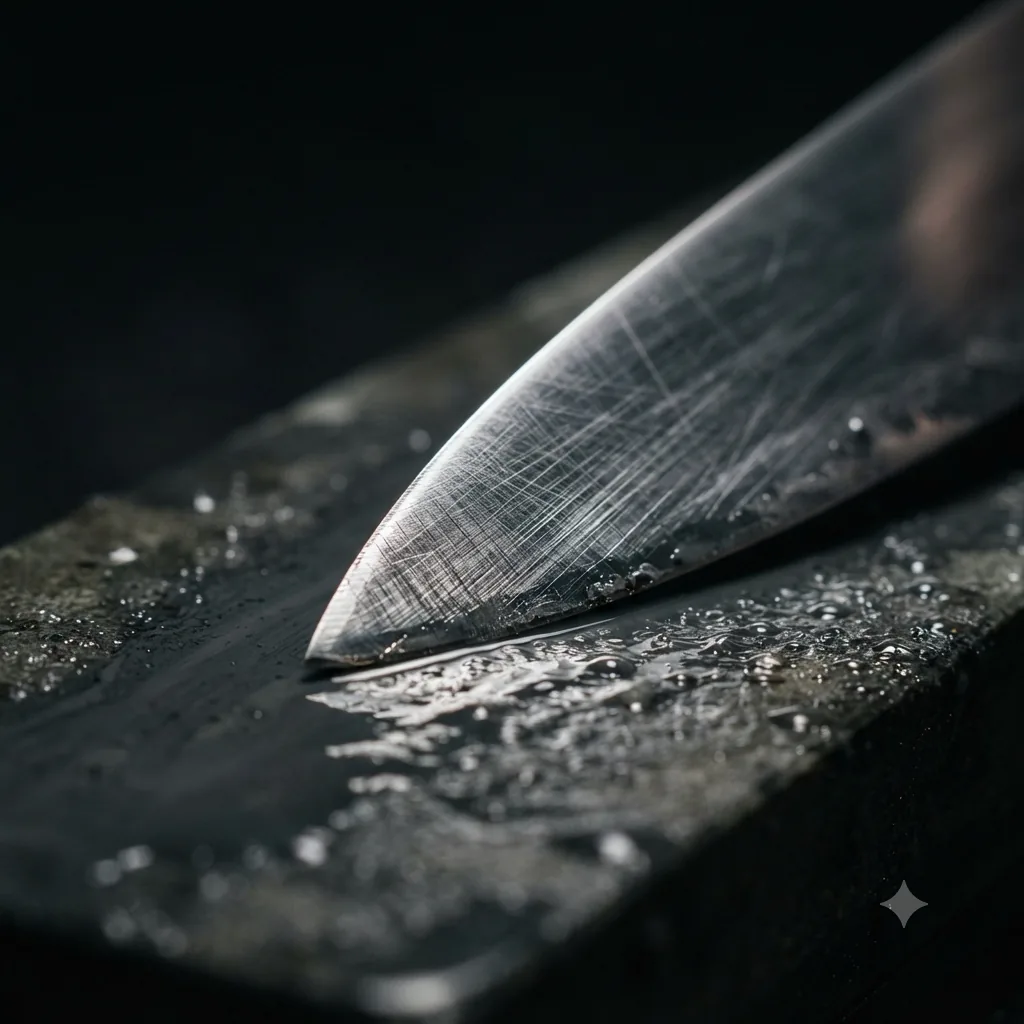 Extreme macro of a chef's knife edge with visible sharpening scratch patterns resting on a wet sharpening stone