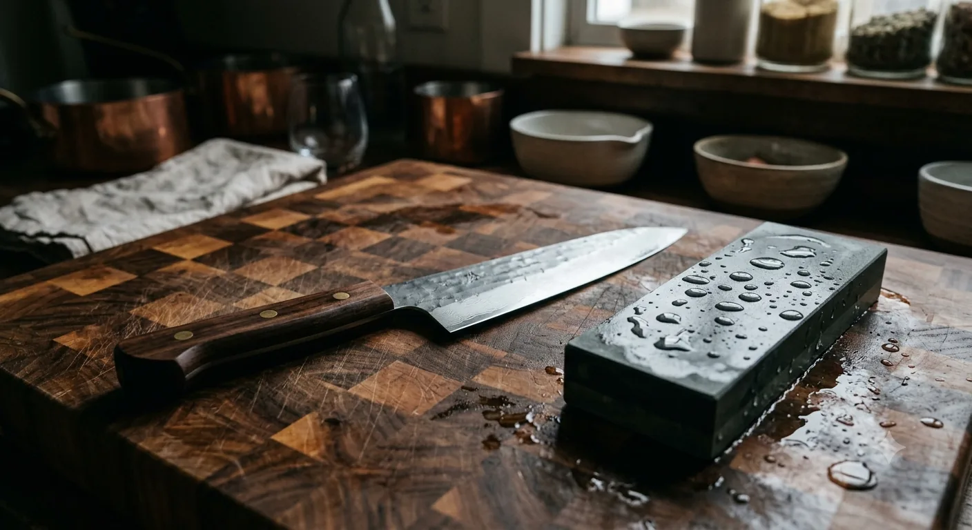 A chef's knife with a dark wood handle and a hammered blade lying on an end-grain wooden cutting board next to a wet whetstone, with copper pots and ceramic bowls behind it