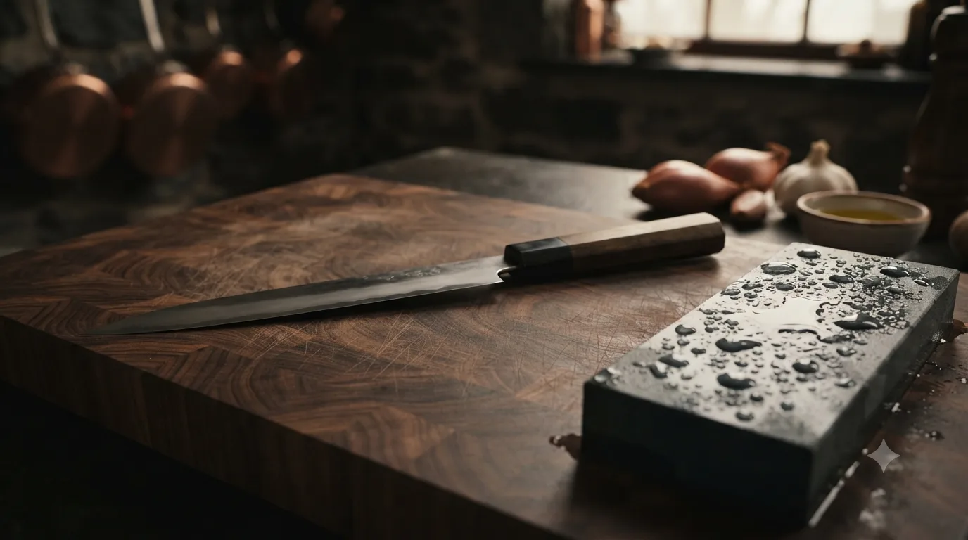 A Japanese-style chef's knife resting on a walnut end-grain cutting board beside a wet sharpening stone, with shallots, garlic, and copper pans in a dim stone-walled kitchen