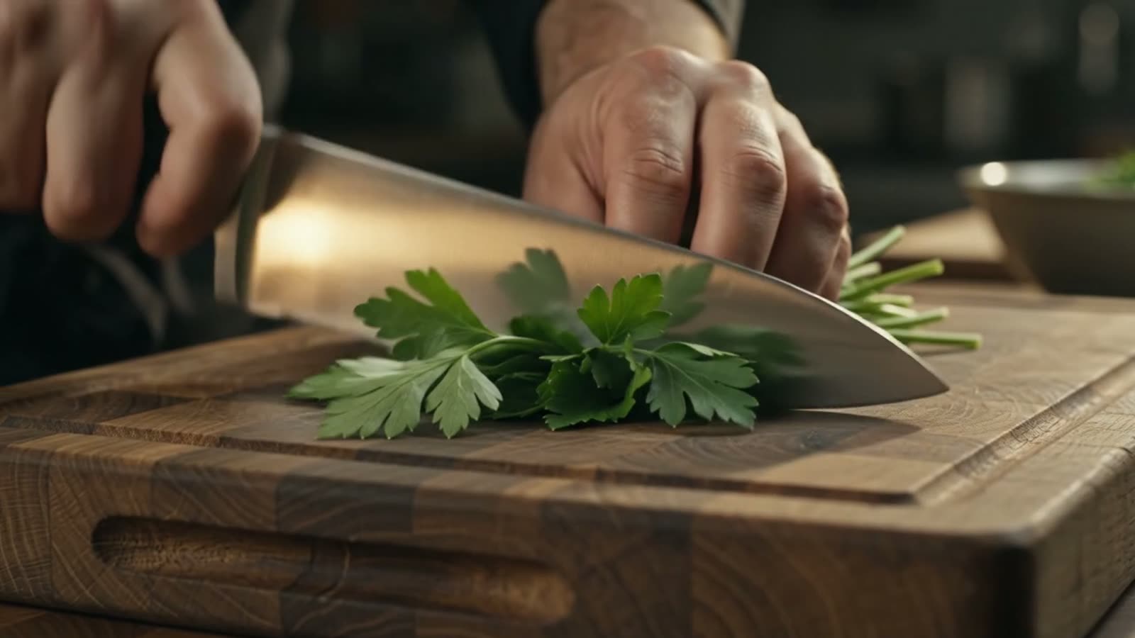 A heavy forged German chef's knife rock-chopping fresh parsley