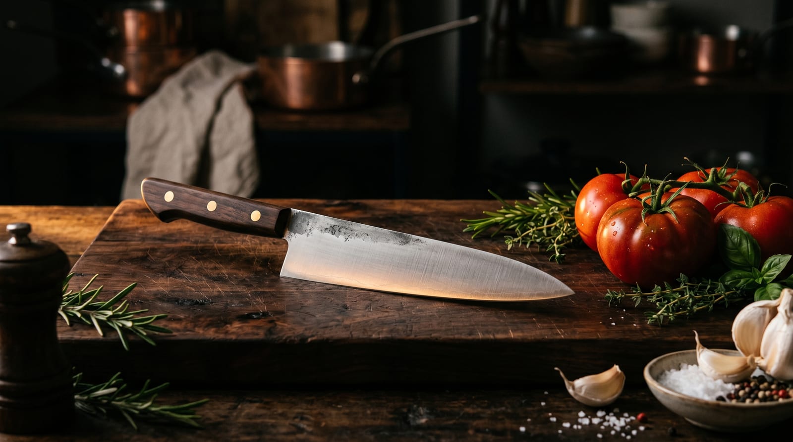 A lightweight slim chef's knife amid fresh ingredients on a board