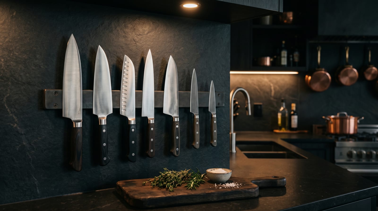 A slim clad-steel gyuto-style chef's knife among a kit of premium knives