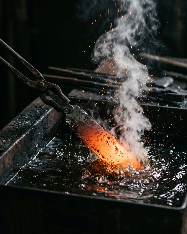 Glowing hot steel being quenched in a dark forge, steam and sparks rising